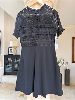 NWT Laundry By Shelli Segal Black Crochet Yoke Mini Dress Sz Small Short Sleeved